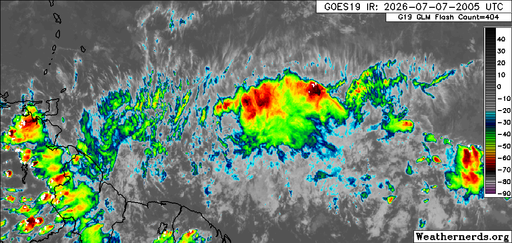 Scattered showers and thunderstorms east of T&T are associated with Tropical Wave 23 and Tropical Wave 24, forecast to bring impactful wind gusts to the region this week (Weathernerds.org)