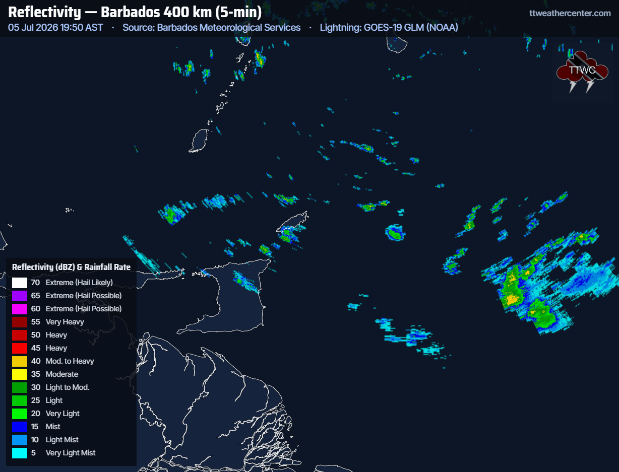 Activity associated with a low-level trough and the ITCZ east of Trinidad and Tobago, forecast to bring rainfall to the country. (TTWC/BMS)